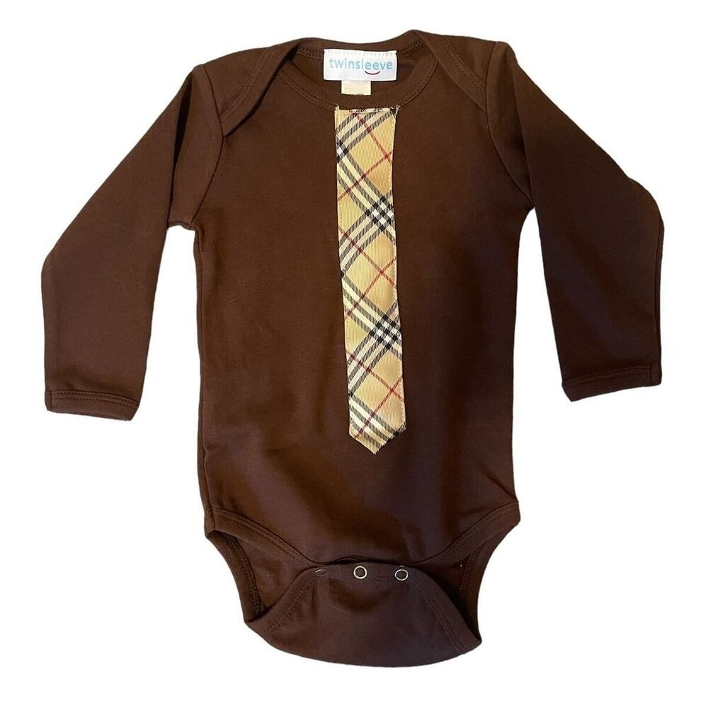 Twinsleeve Baby Boys‎ Brown Plaid Tie Bodysuit Long Sleeve 6-12 Months NWOT